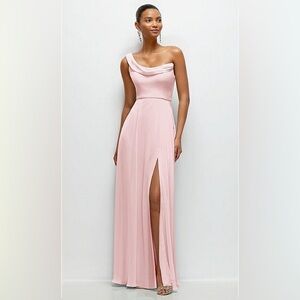 New Thread CHIFFON ONE SHOULDER MAXI DRESS DRAPED COWL NECKLINE BALLET PINK 2R